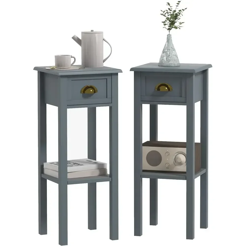 Gray Slim End Table with Drawer and Bottom Shelf, Space-Saving Accent Desk for Small Living Rooms, Set of 2