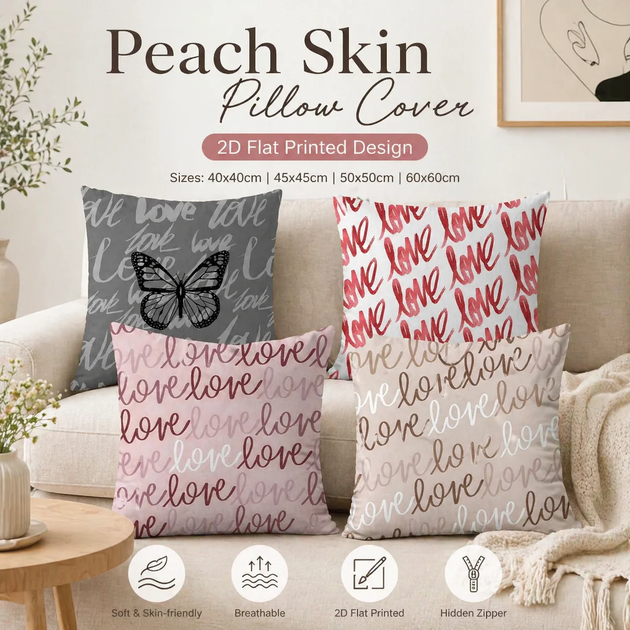 

Romantic Love Letter Pillow Cover 2D Flat Printed Peach Skin Butterfly Cushion Cover for Valentine Gift Sofa Bedroom Home Decor