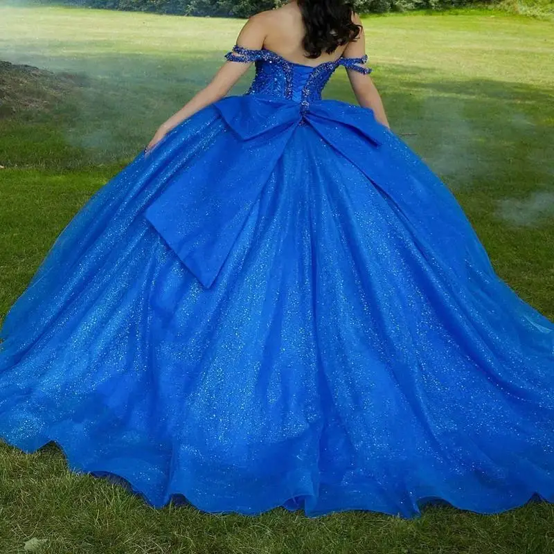 Gaun gemerlap biru Royal Quinceanera dari bahu manik-manik kristal Boe Tull Vestidos De 15 Anos pesta ulang tahun putri