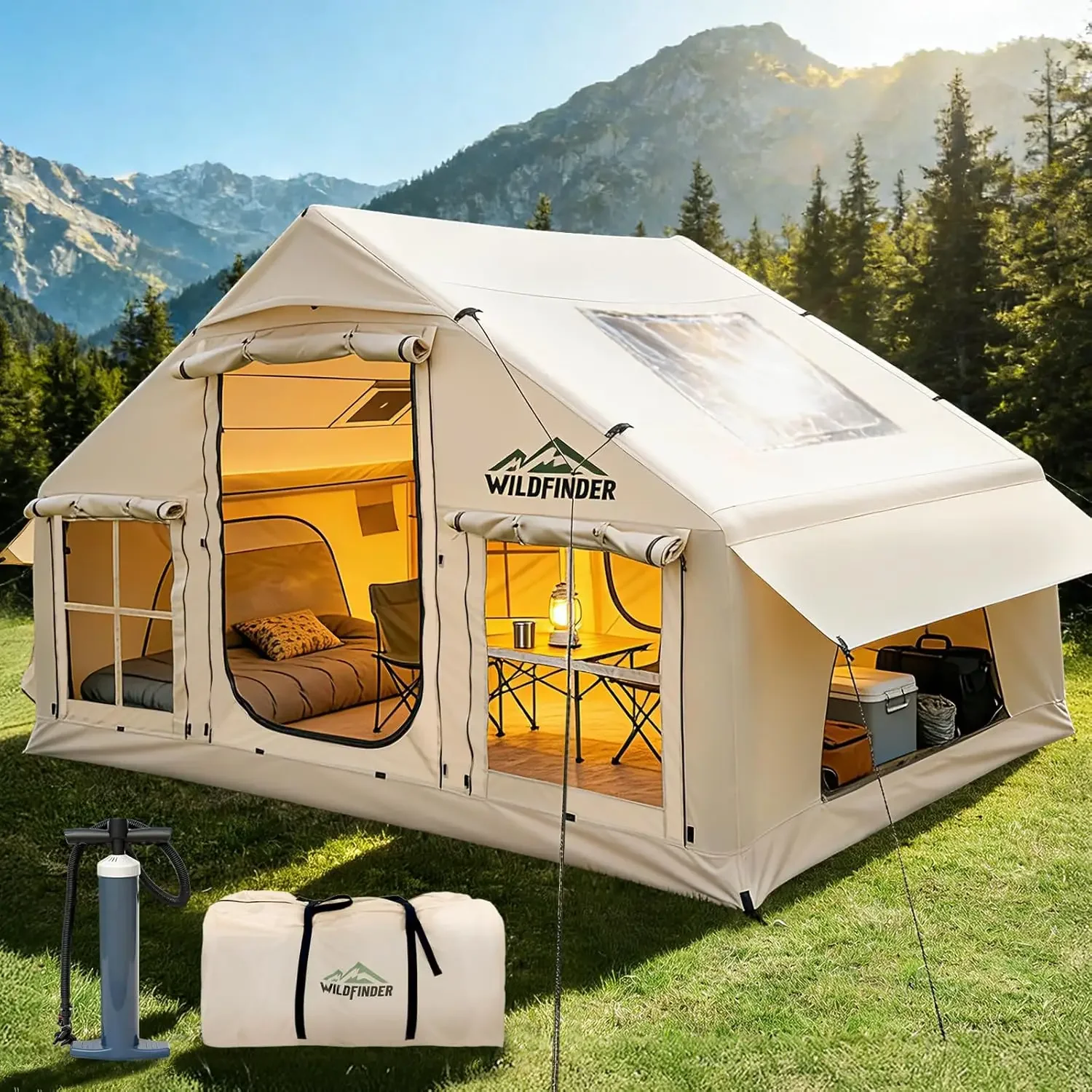 Inflatable Tent with Skylight, Quick Setup Blow Up Tents with Pump, Hot Tent with Stove Jack