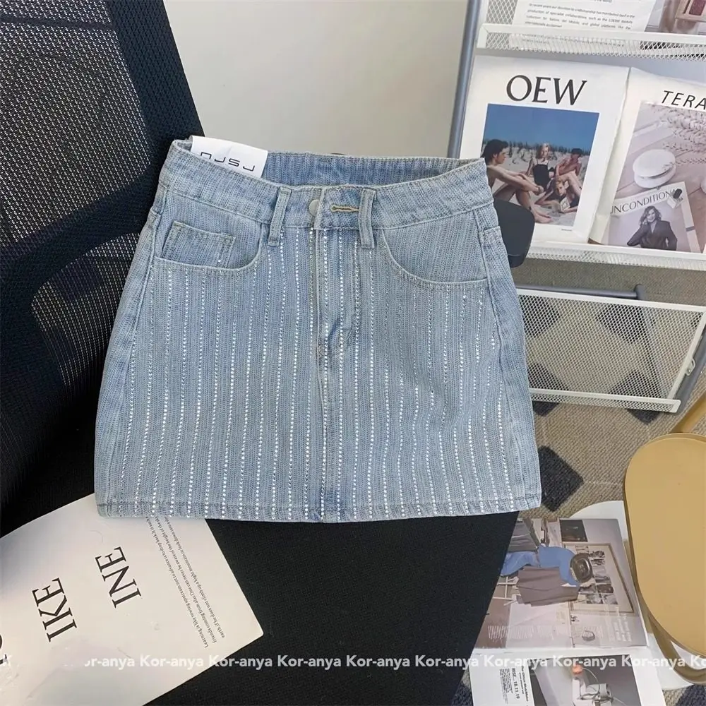 Women Light Blue Mini Denim Skirt Vintage 2000s High Waist Cowboy Skirt Harajuku Korean Style Y2k A-line Jean Wrap Skirt Summer