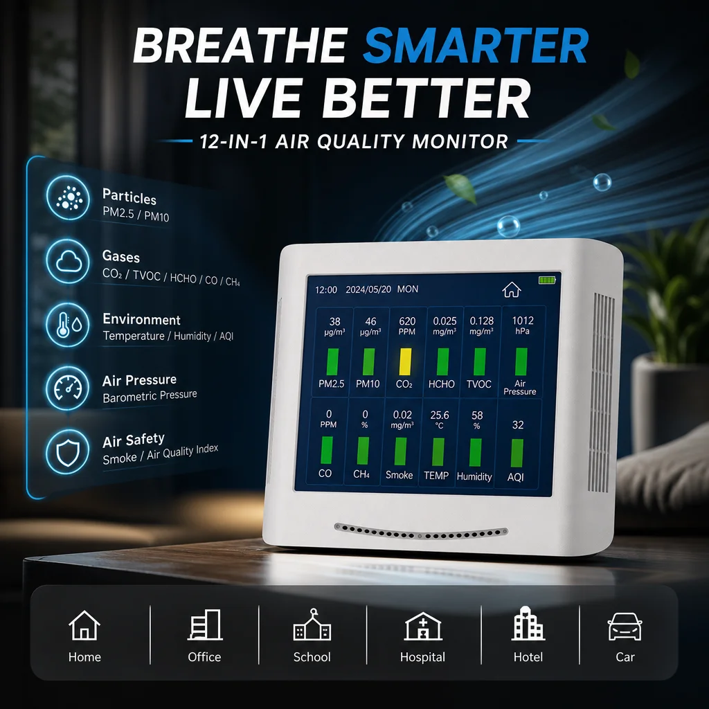 14-in-1 Air Quality Monitor Detector 8-inch Touch Screen PM2.5 CO2 HCHO TVOC CH4 Meter 10000mAh Gas Tester for Home Indoor