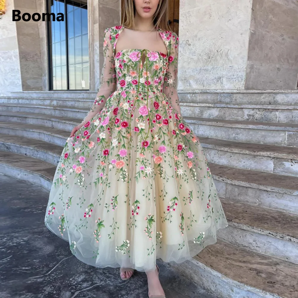 

Booma Floral Embroidery Lace Midi Prom Dresses Queen Anne Long Sleeves Tea-Length A-Line Wedding Party Dresses Open Back