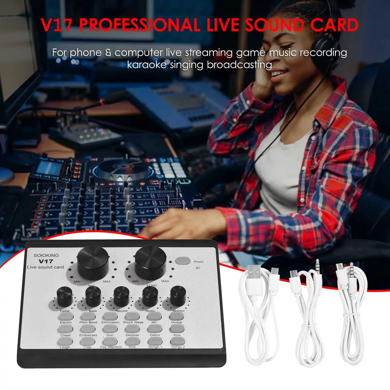 

Звуковая карта V17 Live Sound Card BT Mini: многофункциональный аудиомикшер с функцией изменения голоса, электронные музыкальные аксессуары