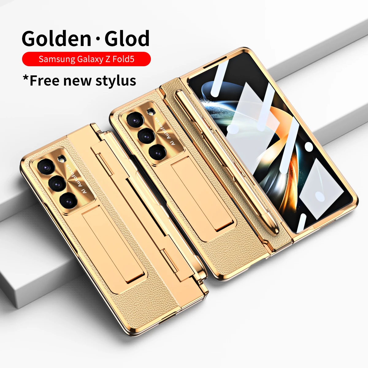 With Touch Pen For Samsung Galaxy Z Fold 6 5 4 3 Case Leather Hinge Plating Kickstand Full Protection Glass Film Folding Cover