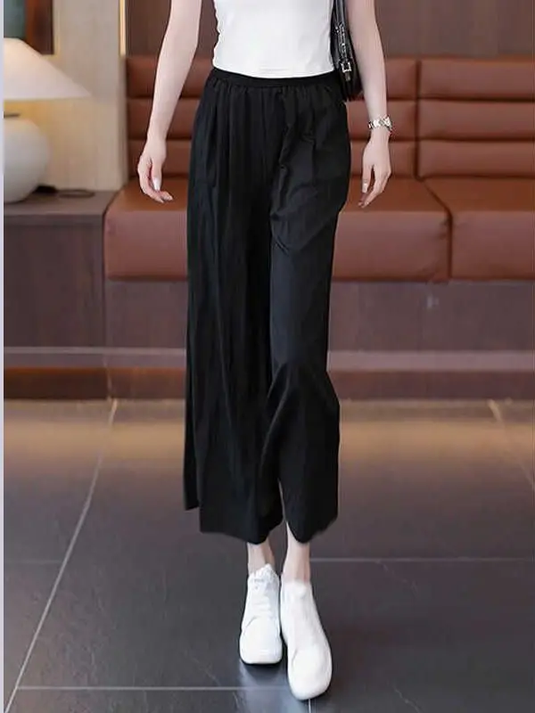Ice Silk Wide Leg Pants Women's Summer Thin High Waist Drape Loose Quick Dry Skirt Pants Casual Pure Color Pocket Elastic