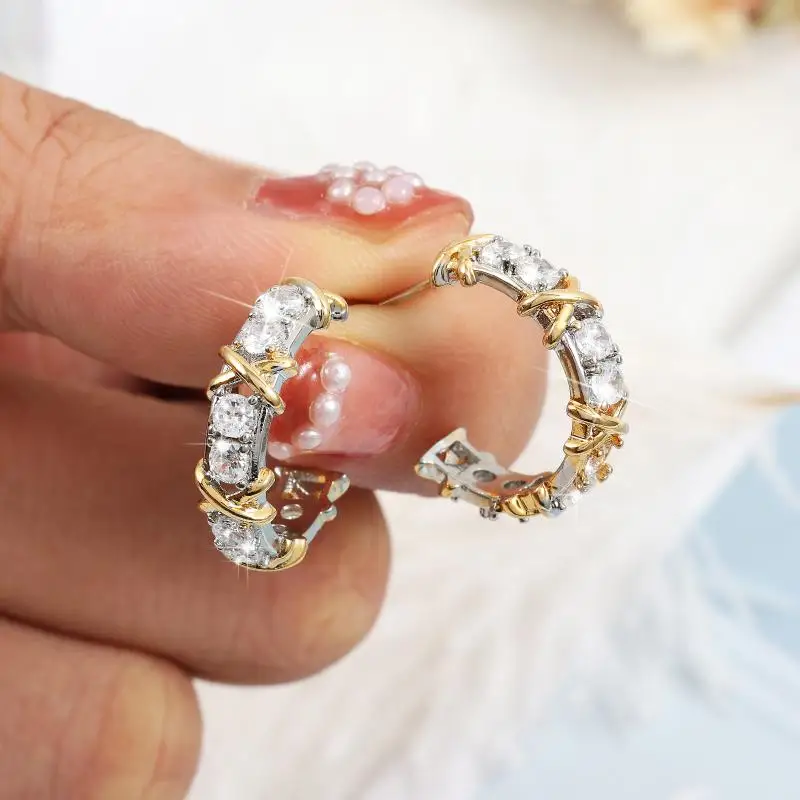 RAKOL INS Mixed Color Cross Zircon C Shape Earrings for Women 2024 Korea Trendy Hoop Earring Party Daily Jewelry Holiday Gifts