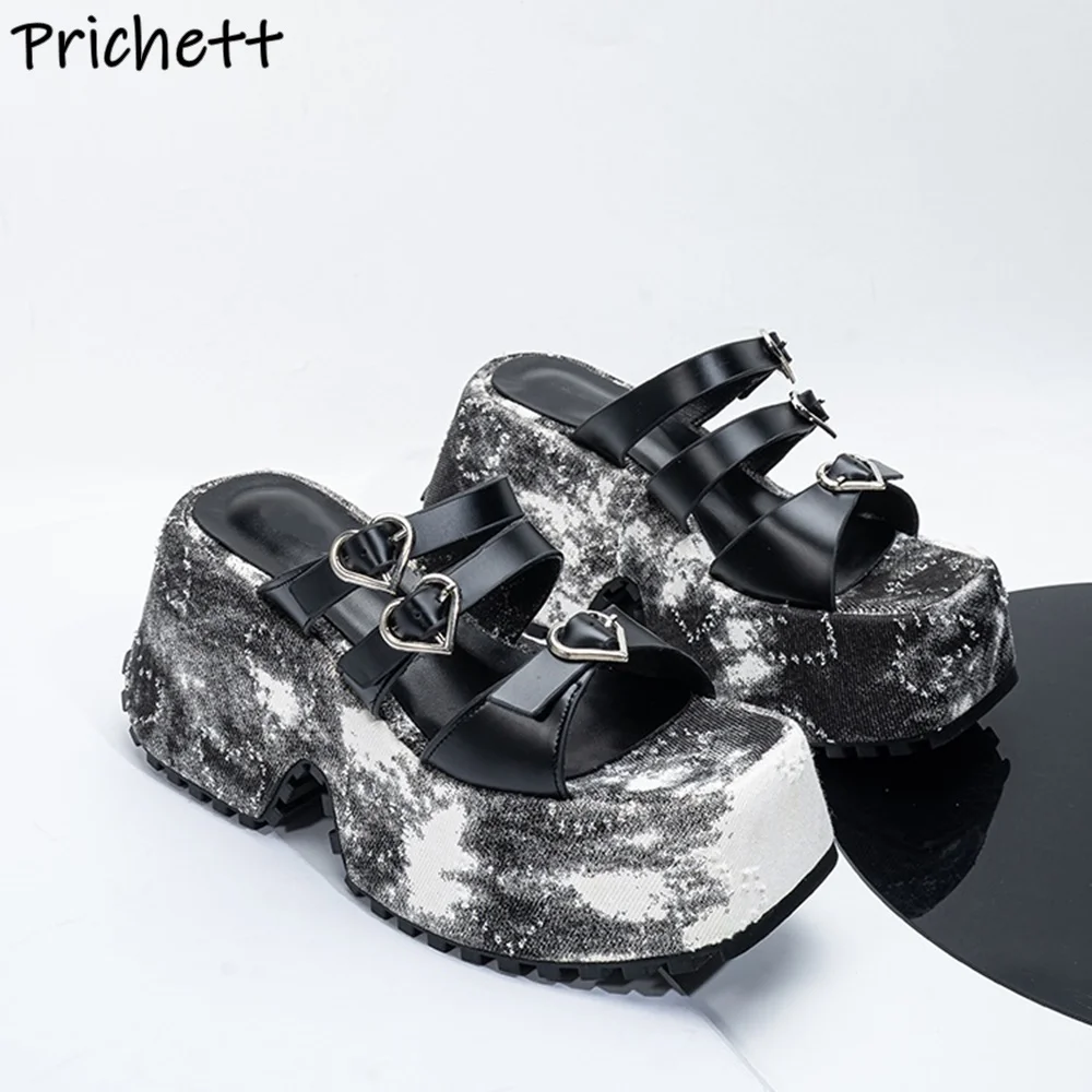 

Black Patchwork Narrow Band Sandals Thick Soled Square Toe Buckle Strap Distress Sexy Shoes Women's Summer High Increase Sandals