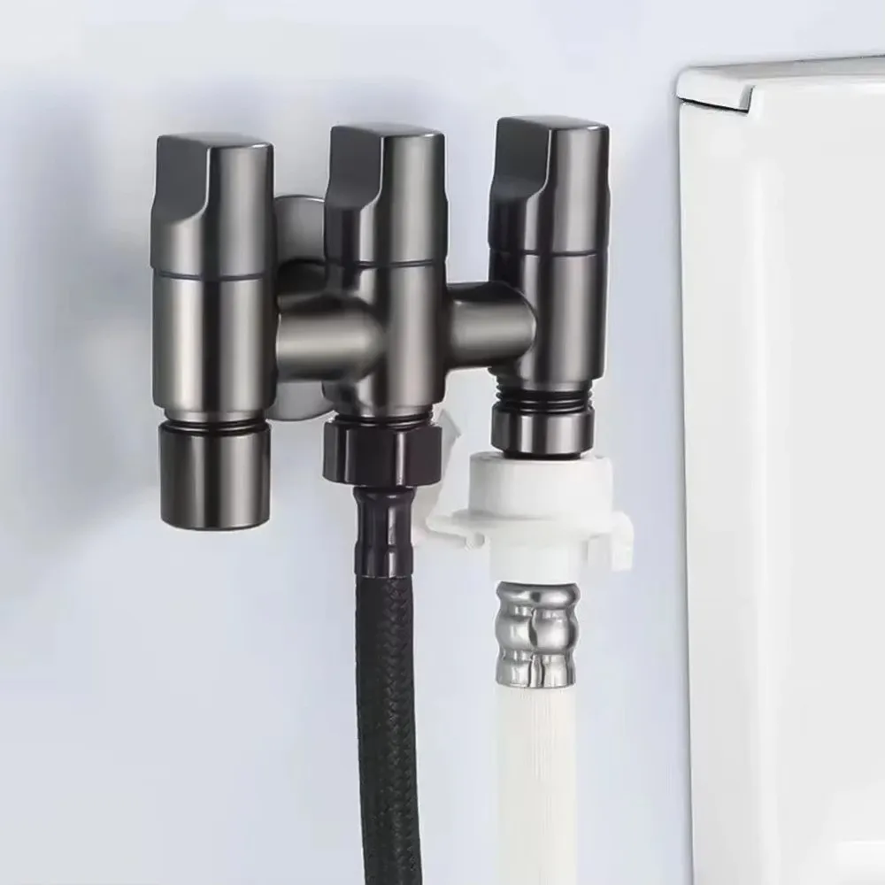 Stainless Steel 3 Ways Angle Valve Gunmetal Gray Independent Controls Water Splitter Valve Multi Outlet Knurled Handles