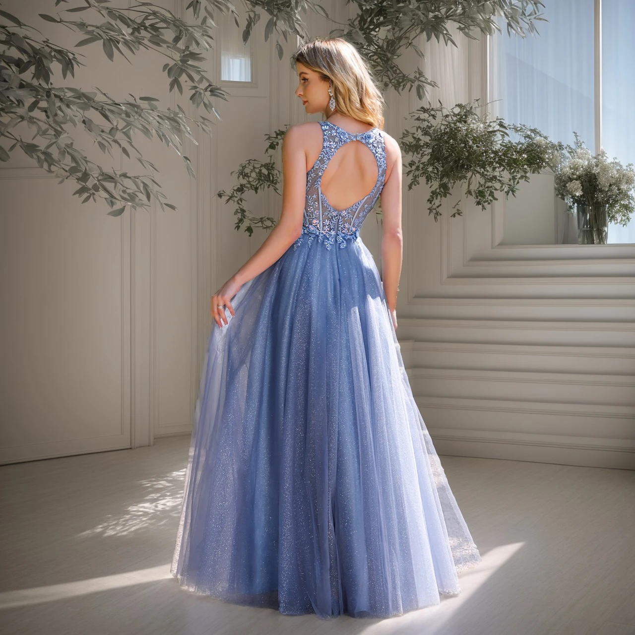 

Sexy Sheer Halter Prom Dresses Illusion Lace Appliques O-Neck Backless Fishbone Evening Dresses Sparkling Blue Tulle Party Gowns