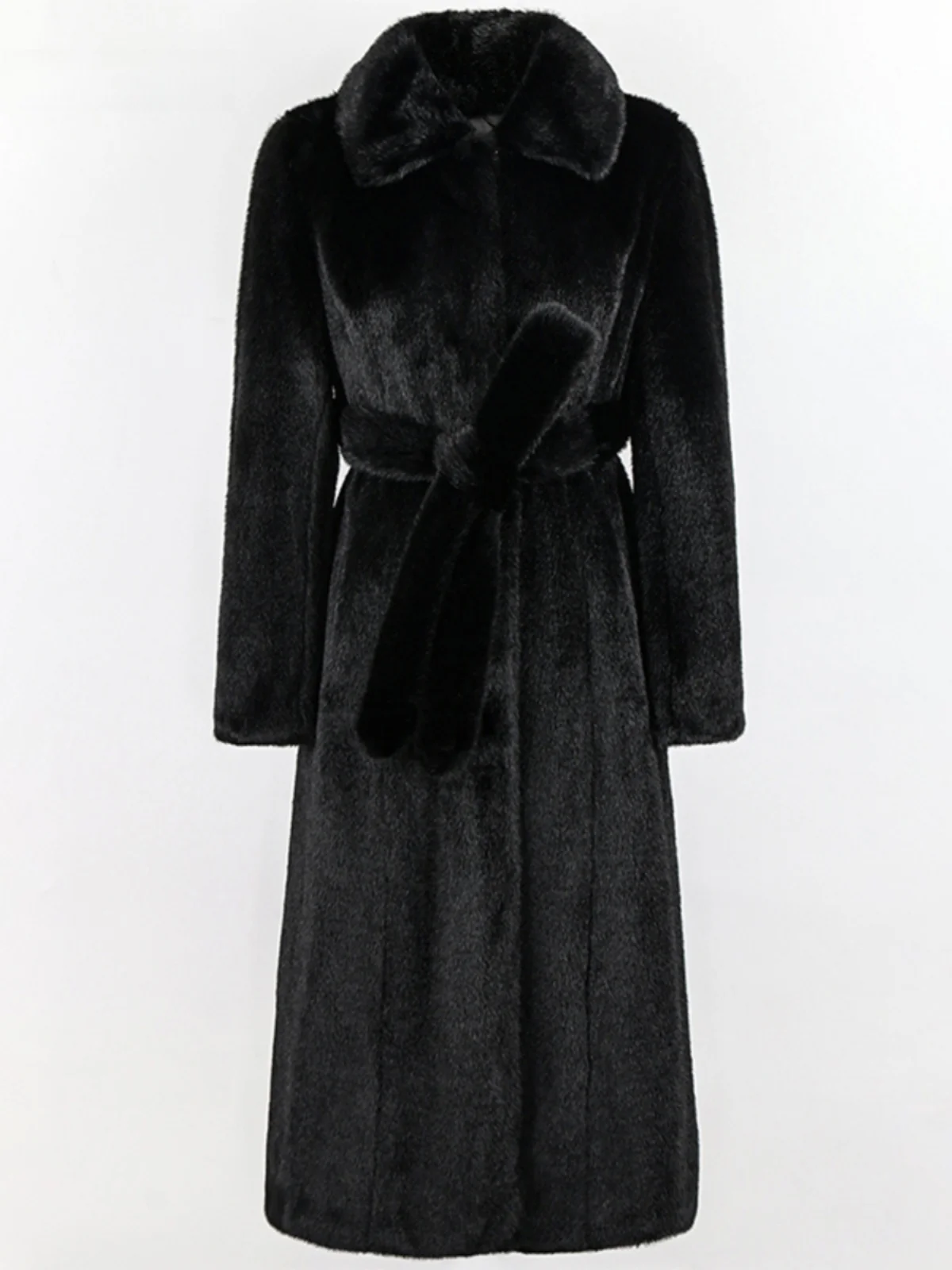 Nerazzurri Women's Long Faux Mink Coat Belted Notch Collar Slimming Eco-Friendly Fur Jacket Simplicity Commute Style Autumn C...