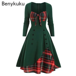 Vintage Long Sleeve Autumn Winter Green Dress African Ladies Plaid Patchwork Elegant Office Work Wear 3XL Retro Midi Dress