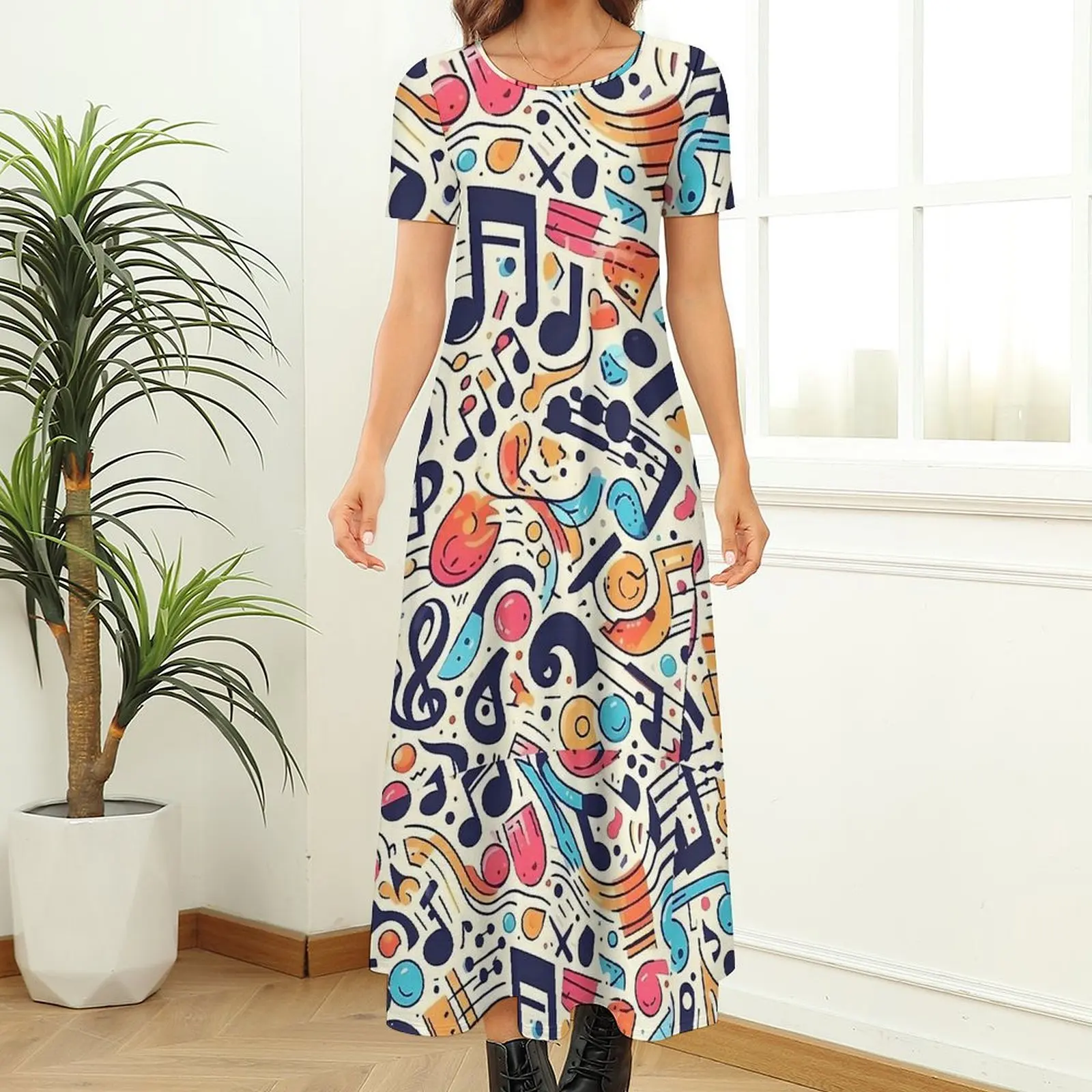 Music Note Colour Style Dress  Cute Maxi Dress Womens Short Sleeve Aesthetic Boho Beach Long Dresses 5XL 6XL 7XL