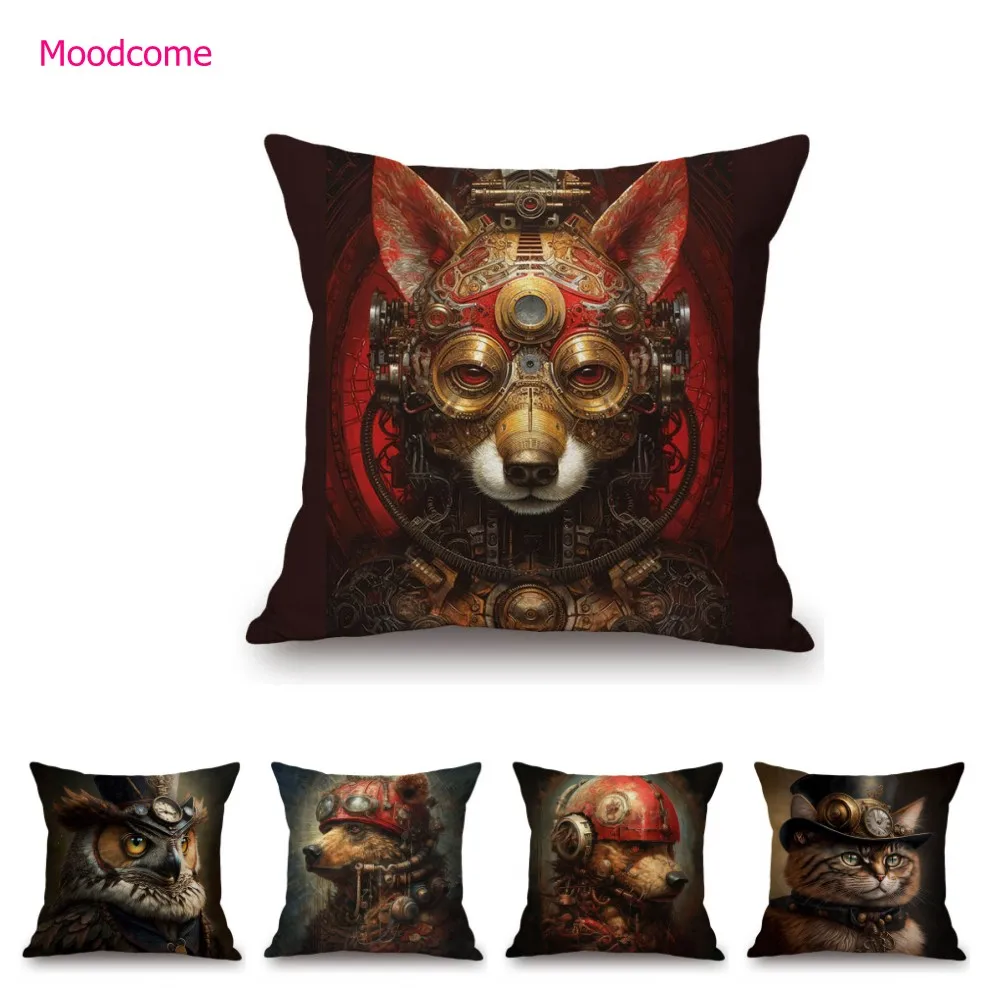 Modern Mechnic Dog Biomechnical Animals Steampunk Fox Racoon Wolf Panda Monkey Ape Linen Sofa Pillow Case Cute Cushion Cover