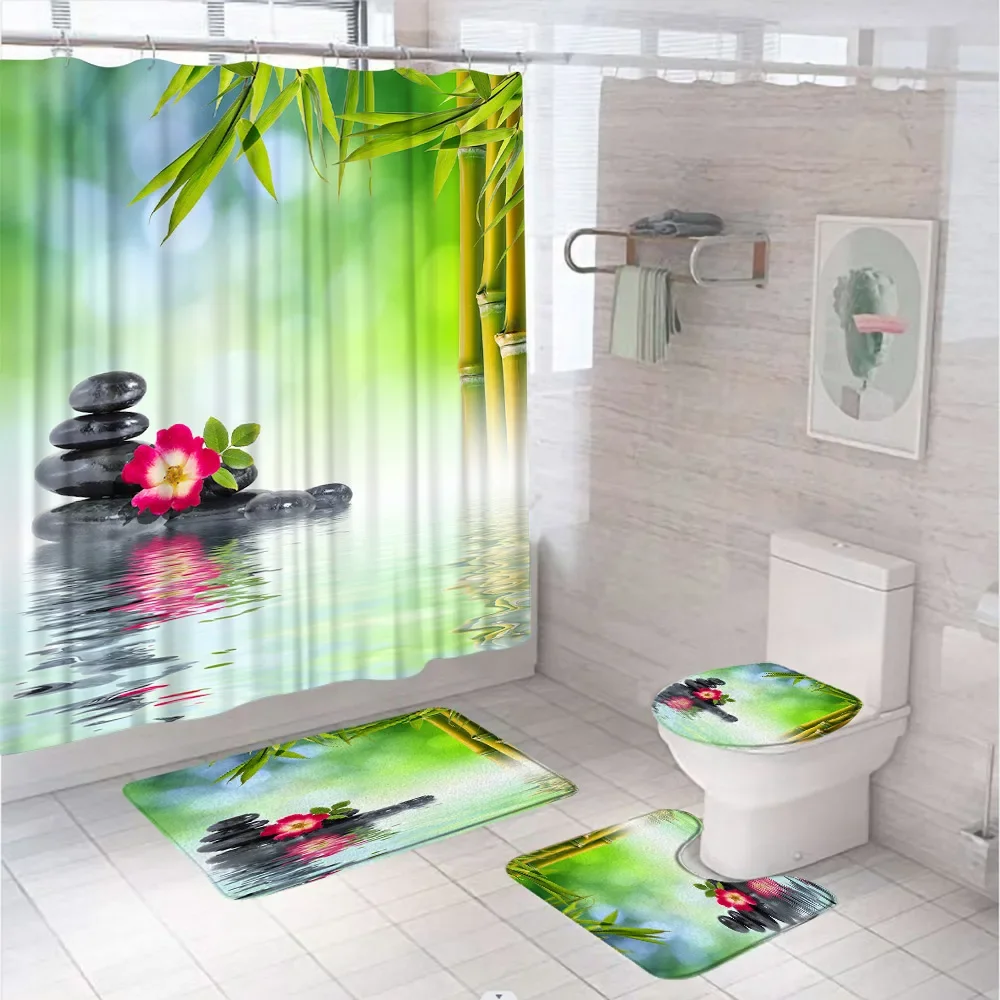 

Spa, дзен, Будда, водная Йога, Фотофон, зеленый бамбуковый цветок, экран для ванной комнаты, нескользящий ковер, коврик для ванной, крышка для туалета