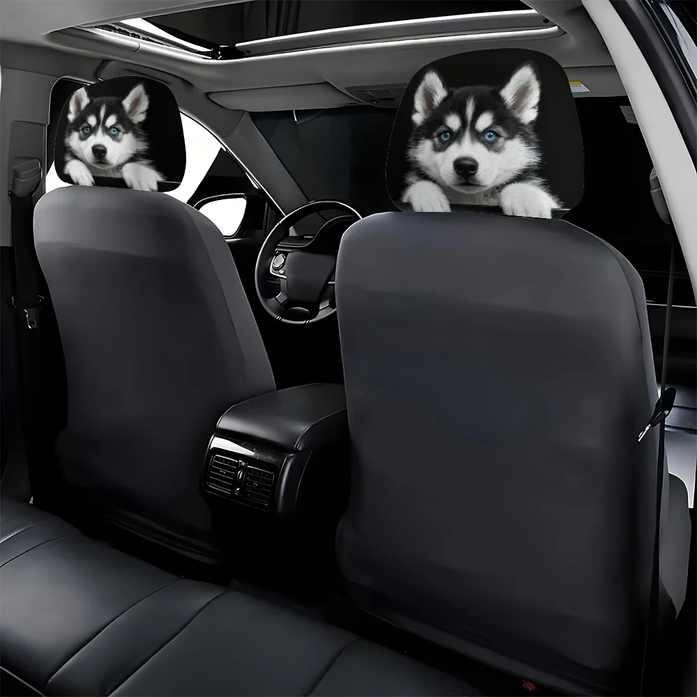 2pcs Cute Pet Husky Printed Car Headrest Covers/Trendy And Fun/Easy to Install And Wash/Suitable for Long Distance Travel