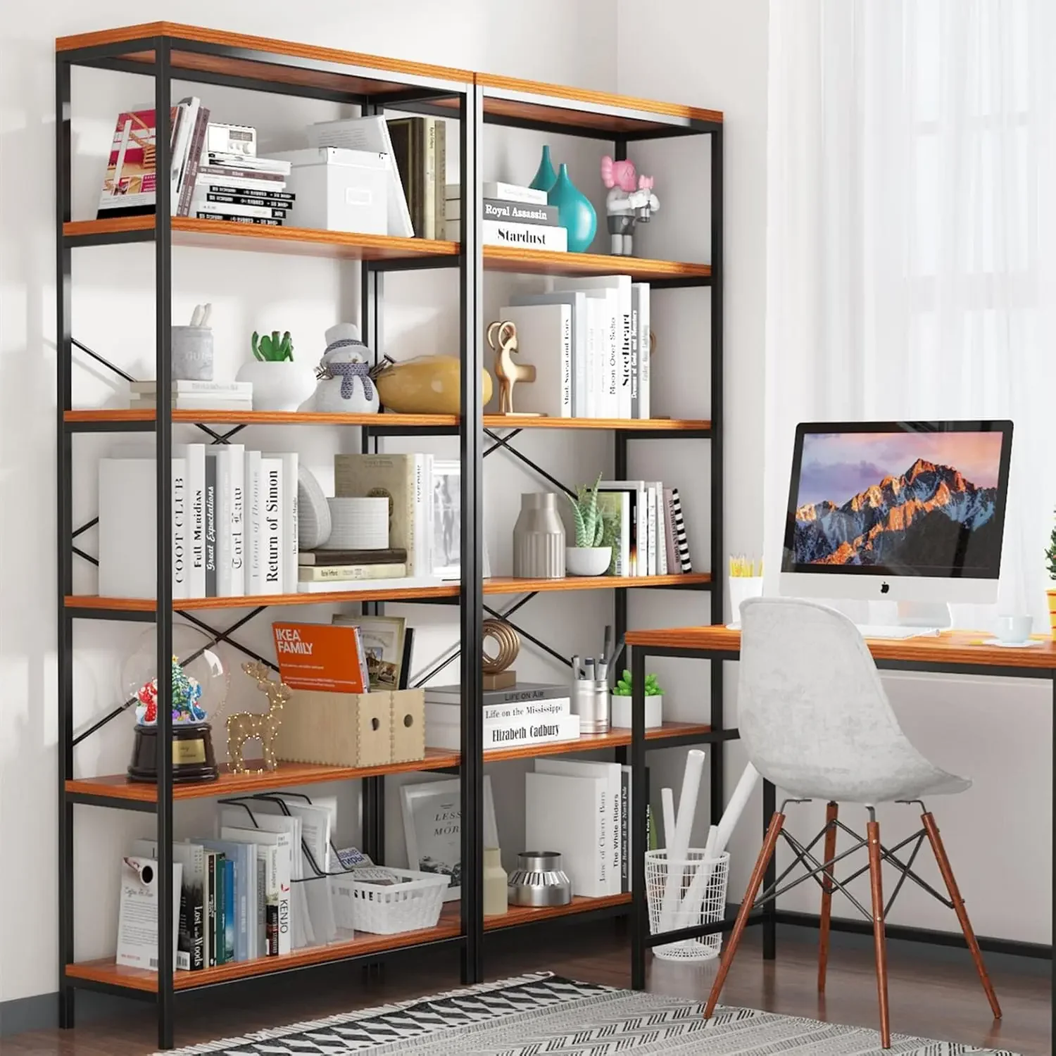 6 Tier Industrial Bookshelf, Vintage Standing Storage Shelf, Display Shelving Units, Tall Bookcase, Industrial Metal Book