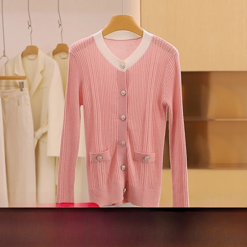 

Slim Fit Knitted Open Cardigan round Ne Thin Winter Women's Top Single Button Color Blo kets Faionable Commute Sle