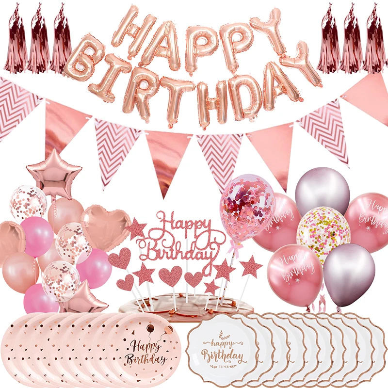 Rose Gold Birthday Party Decoration Girls Tableware Aluminum Foil Balloon Banner Cake Topper Napkins Kids Happy Birthday Decors