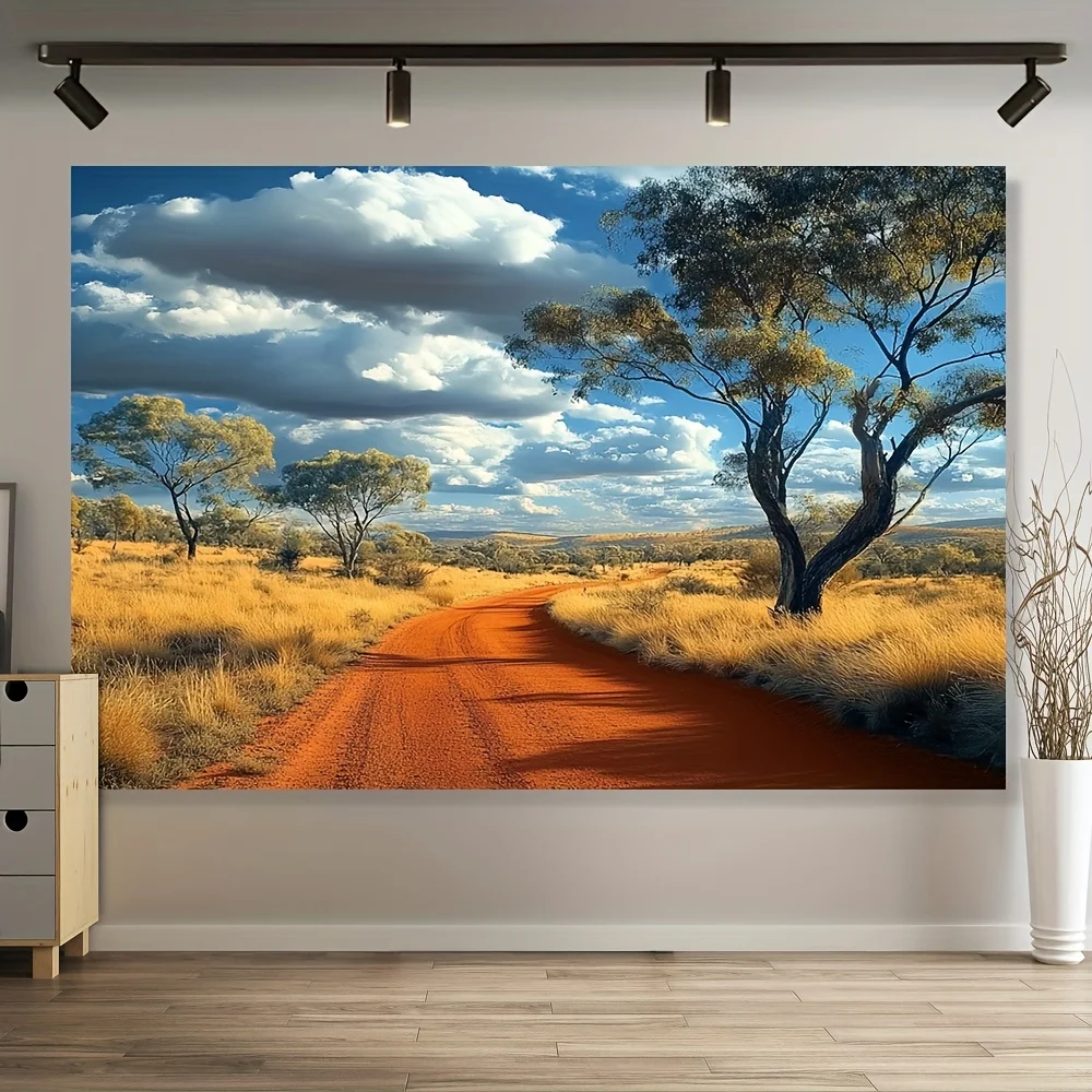 Tapiz de fiesta con paisaje de Australia, diseño de camino de suciedad y árbol de eucalipto rojo vibrante, tela duradera 100% poliéster, 1 ud.