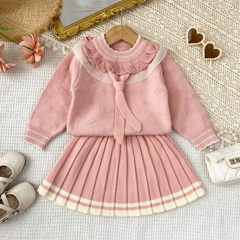 Rosa Süße und Niedliche Prinzessinnenkleidung Herbst/Winter Gestrickter Pullover Mädchenkleidung Langarm-Spitzen-Oberteil + Kurzer Rock – Detail 14