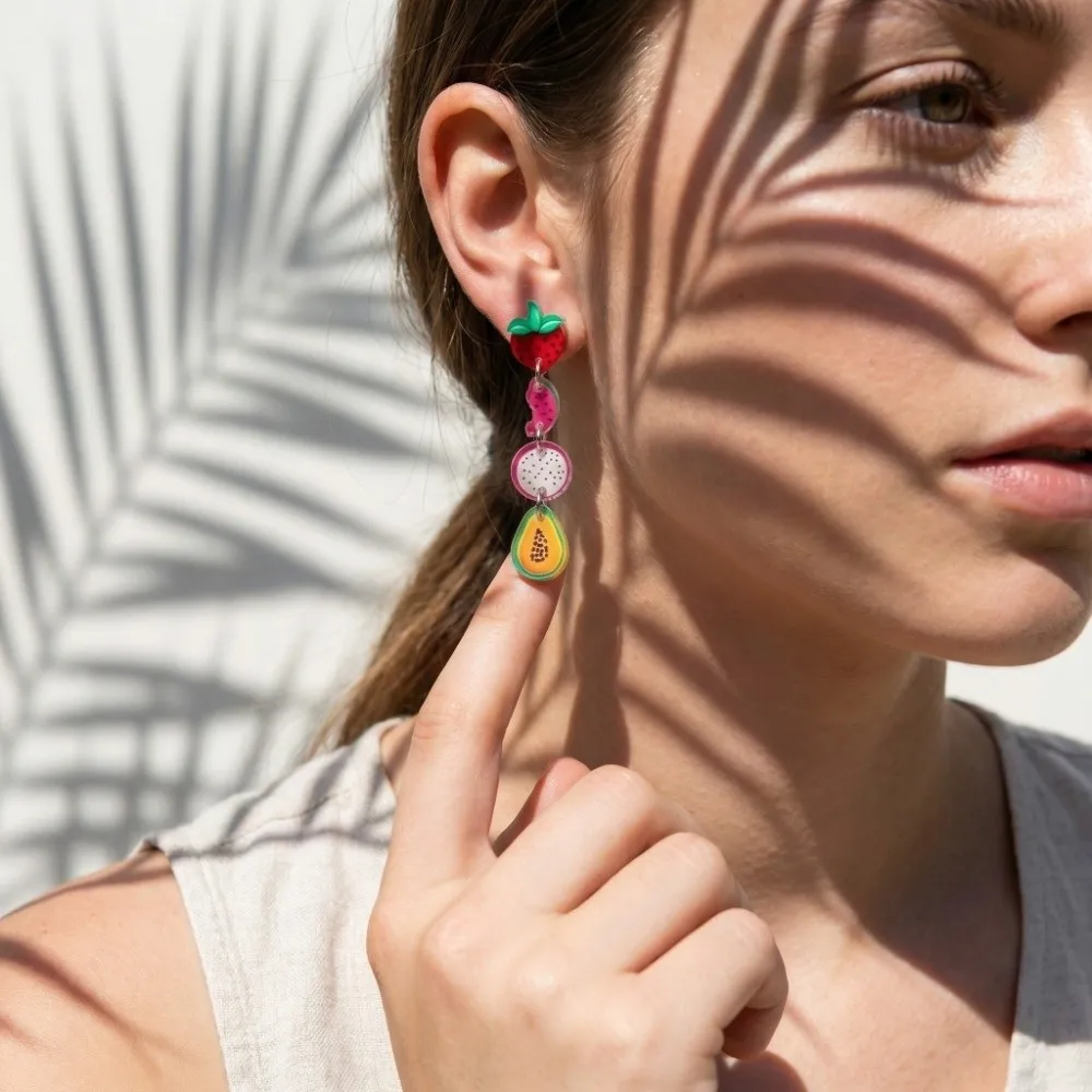 Personality Acrylic Tropical Fruit Earrings Creative Pitaya Fruit Dangle Earrings Colorful Funny Strawberry Earrings Gift