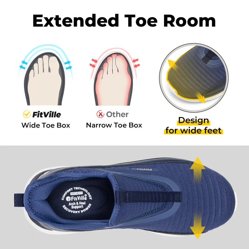 FitVille Men's Wide Slip‑On Trainers Lightweight Breathable Walking Running Shoes High Rebound Athletic Sneakers for Wide Feet