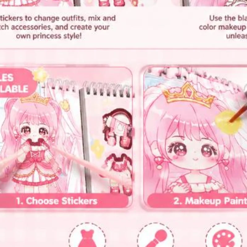 Princess Dress Up Sticker Book Coloring Makeup Version with Free Brushes Waterproof Tear Resistant for Kids Girls Daily Play