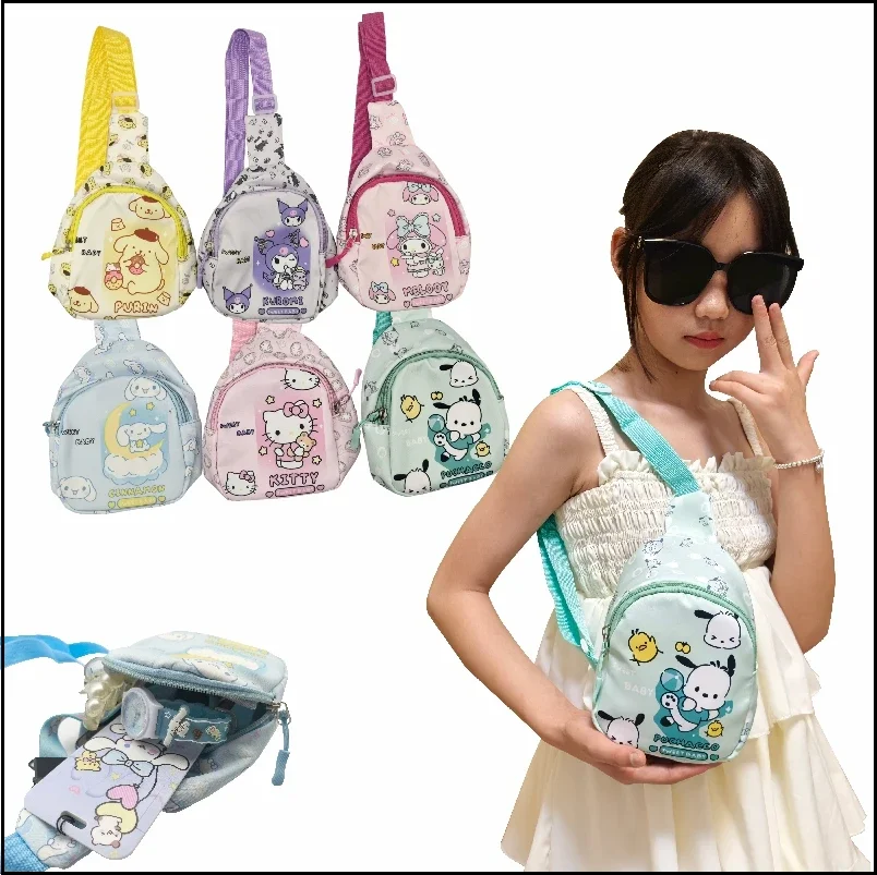 Cute MINISO Hello Kitty Kuromi Kids Cartoons Anime Fashion Canvas Waterproof Chest Bag Shoulder Messenger Bag Travel Storage Bag