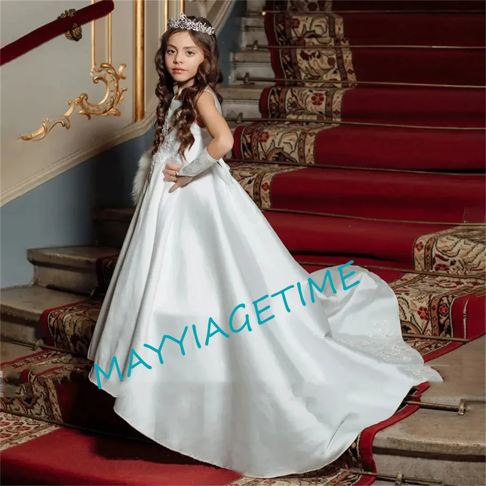 Princess White Satin A-Line Flower Girl Dresses For Wedding 2023 Simple Appliques Sleeveless Birthday Party First Communion Gown