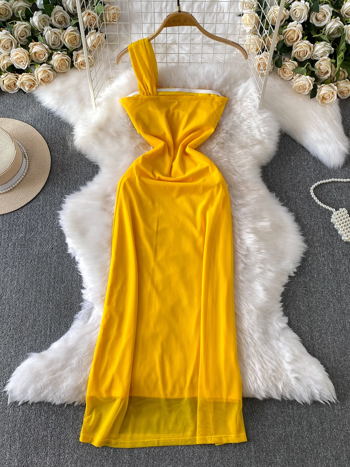 فستان أنيق بعقدة على الكتف الواحد للنساء، فستان صيفي أبيض وأصفر من الشبكة، خصر نحيل، فستان طويل على شكل A، ستايل كوري، خصر مر... #2