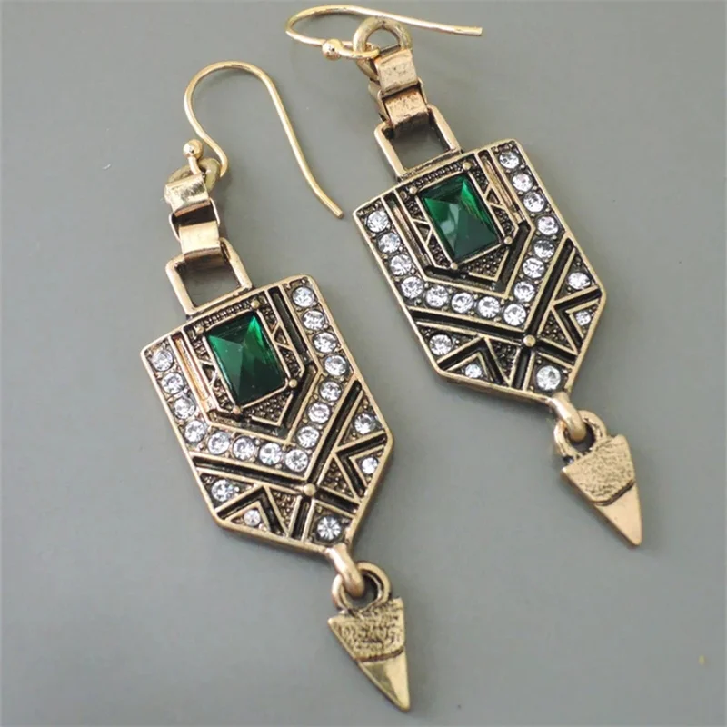 Ethnic Square Green Stone Earrings Vintage Originality Gold Color Metal Carving Pattern Hanging Accessory Dangle Earrings