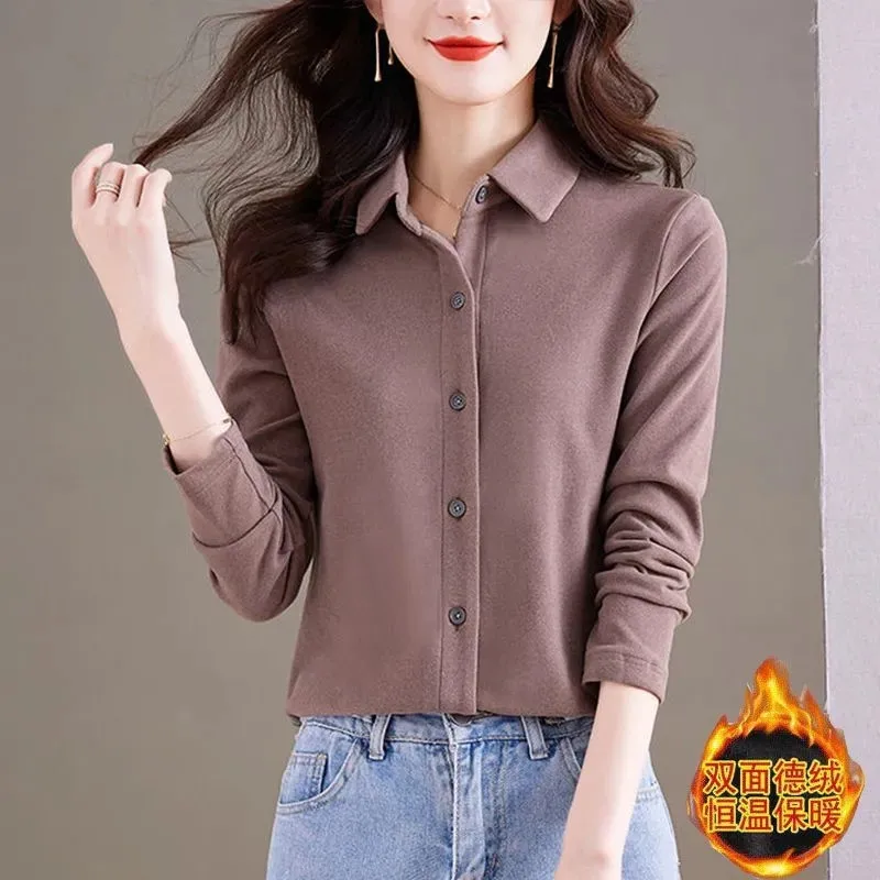 Ropa de abrigo de terciopelo alemán de doble cara para mujer, camisa de manga larga cepillada, Top de fondo cálido de felpa, otoño e invierno, 2024