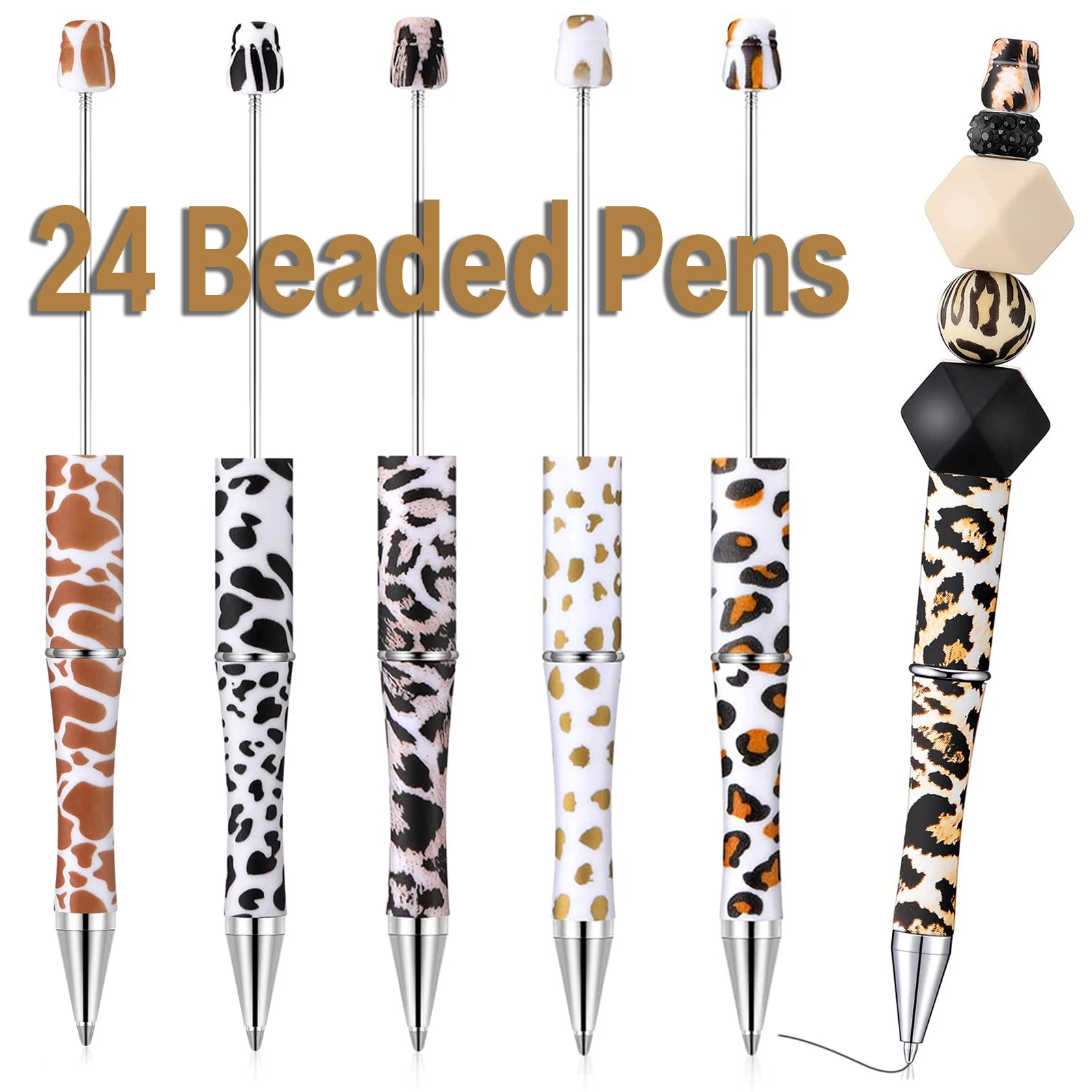 24Pcs Newest Printed Leopard  Beaded Ballpoint Pen DIY Beadable Pen Student Pens School Stationery Supplies