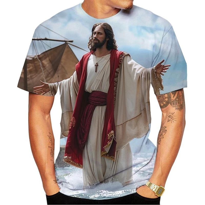 Jesus Pattern T-shirt Men's Clothing Round Neck Soft T Shirts 3D Printed Casual Fashion Seaside Personality Streetwear Tees Top