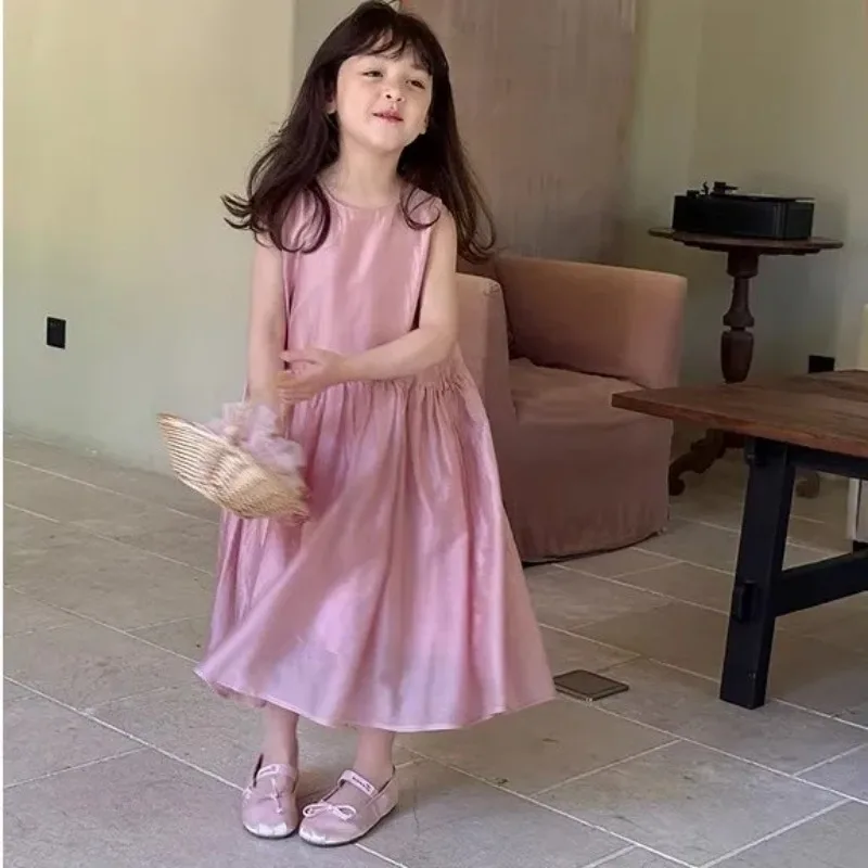 UNITIM Summer Children Sundress Infant Babys Girls Stain Solid Princess Dress Loose Casual Kids Girls Blue Pink Sleeveless Dress