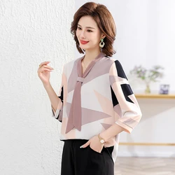 Women's Shirt Middle-aged Mother Elegant Summer Lady Shirts Bandage Floral Printed Chiffon Shirt Blouse Women's Clothing