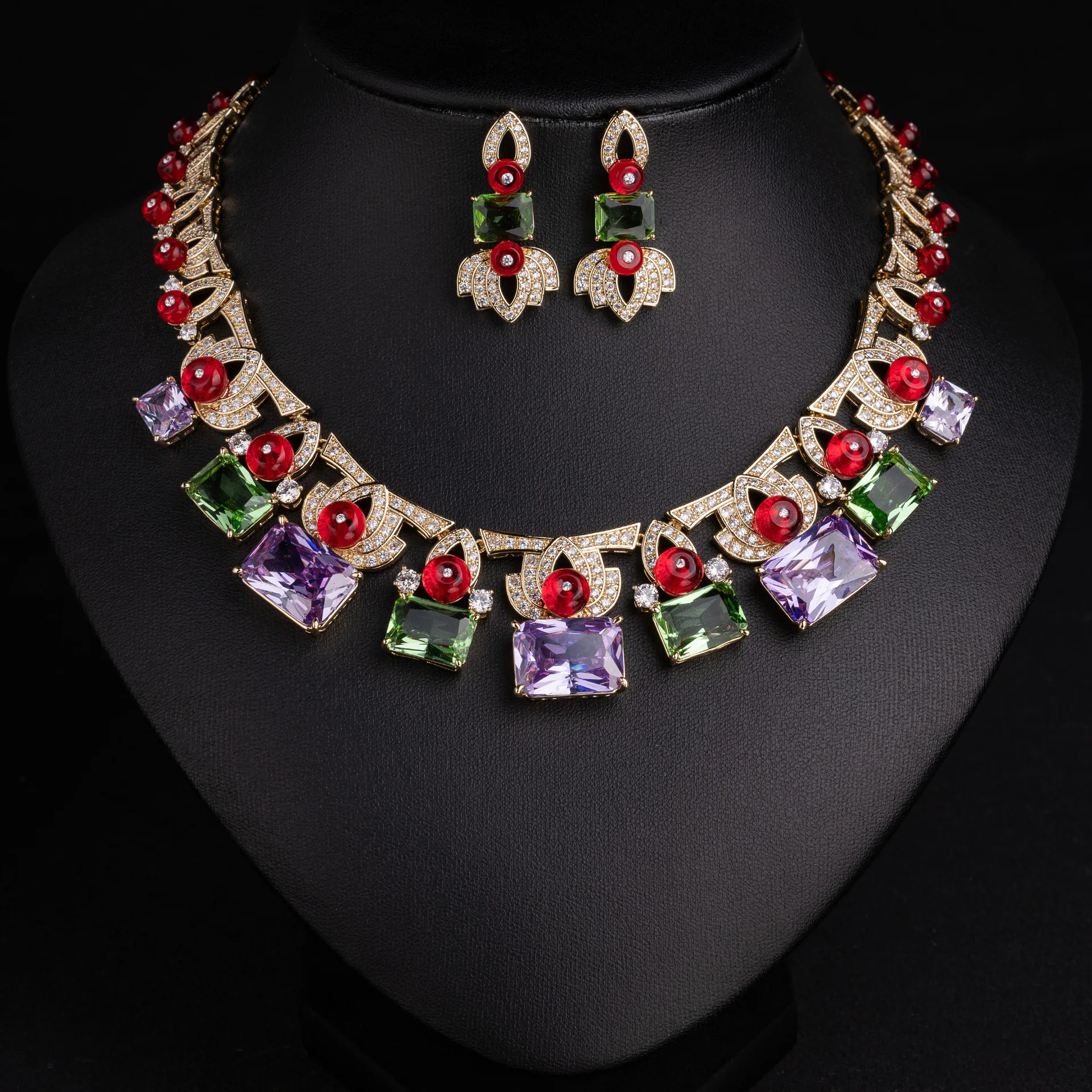 

European and American Jewelry Geometric Square Stud Earrings Necklace Jewelry Set High-end Iris Zircon Earrings