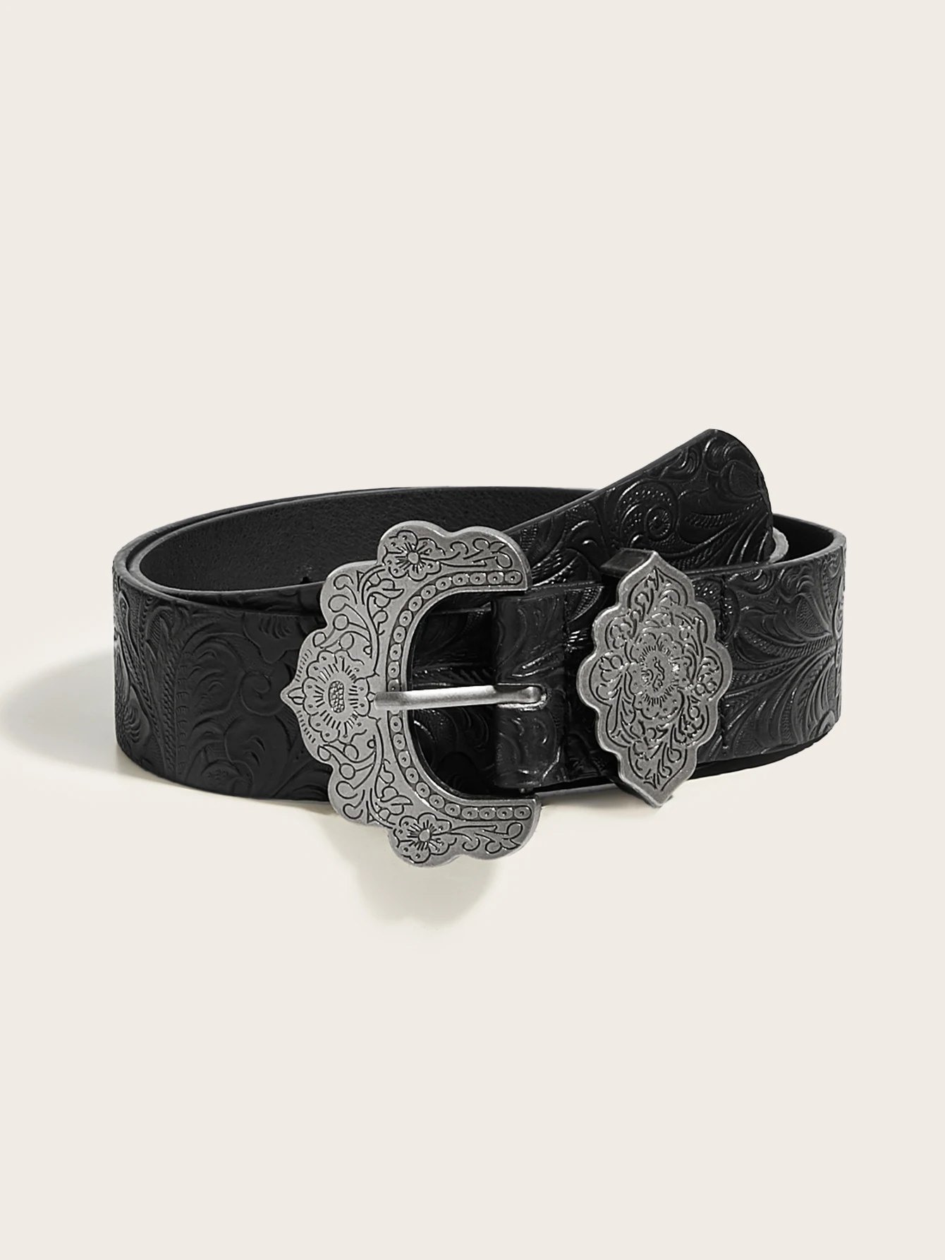 1pc Women Black Western Belt Vintage Cowgirl Style PU Leather Embossed Waist Belt With Silver Buckle For Jeans Dress