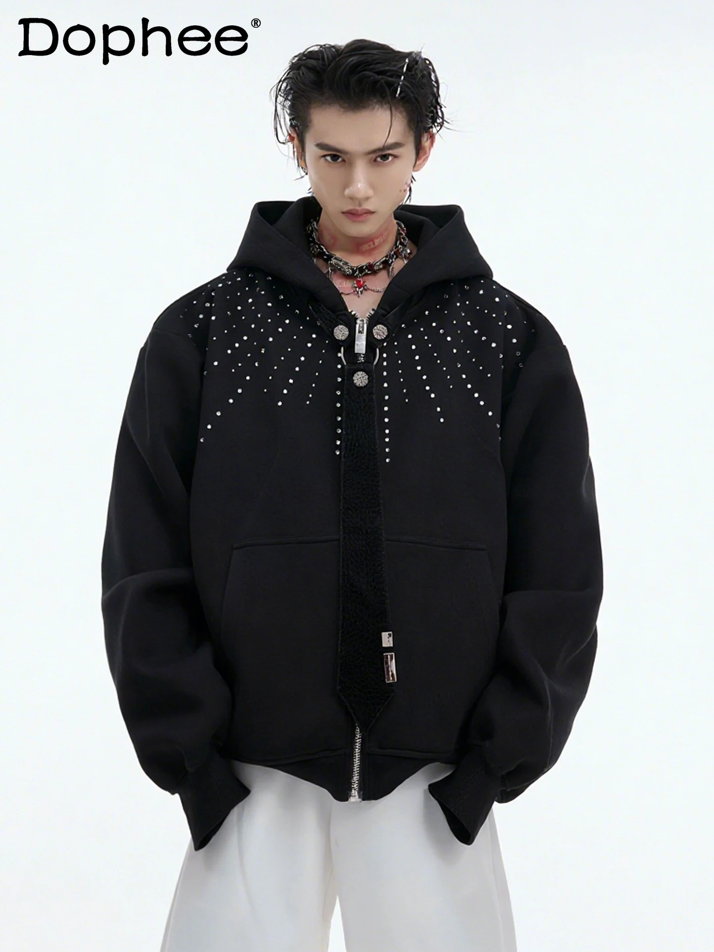 

2025 New Fashion Trendy Design Starry Heavy Rhinestone Hooded Cardigan for Men Autumn Loose Handsome Casual Zipper Jacket Coat