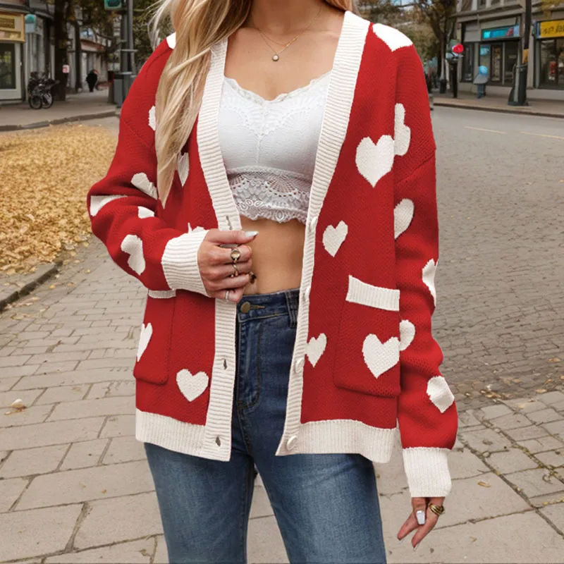 Women's Winter Casual Valentine's Day Love Print Knitted Cardigan Single Breasted Pocket V-Neck Loose Regular Jacket 2024 New