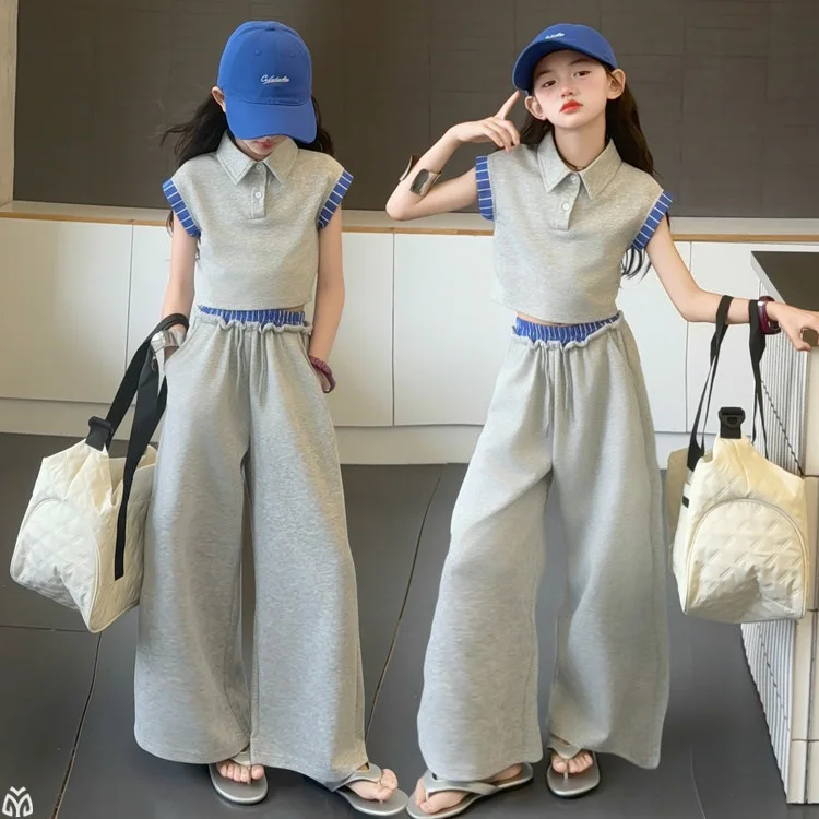 teen girls POLO collar Stripe splicing clothes set casual t-shirt top+wide leg pants 2pcs junior kid sport suit child outfits 14