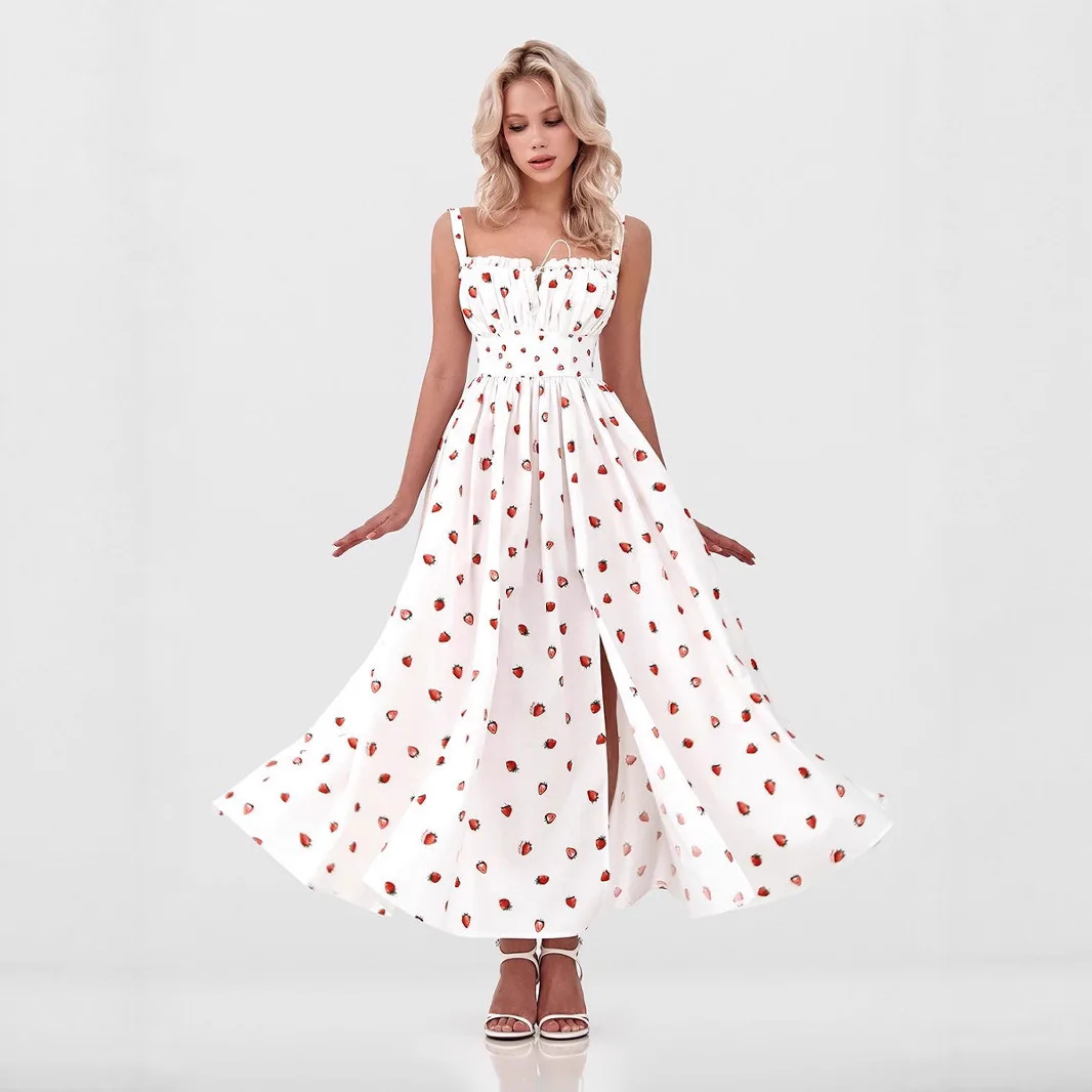 فستان بحزام سباغيتي زهري 2025 صيفي جديد بياقة منخفضة وأربطة وخصر عالي وفتحة عالية الخصر فستان مُزين بطباعة