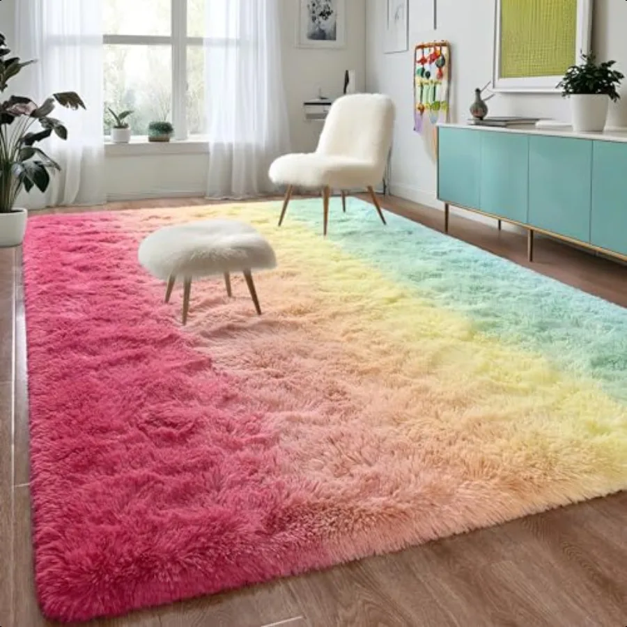 

Luxury Fluffy Rugs for Living Room Bedroom 4x6 Feet Shaggy Rainbow Pink Area Rug for Girls Boys Upgrade Plush NonSlip and Washa