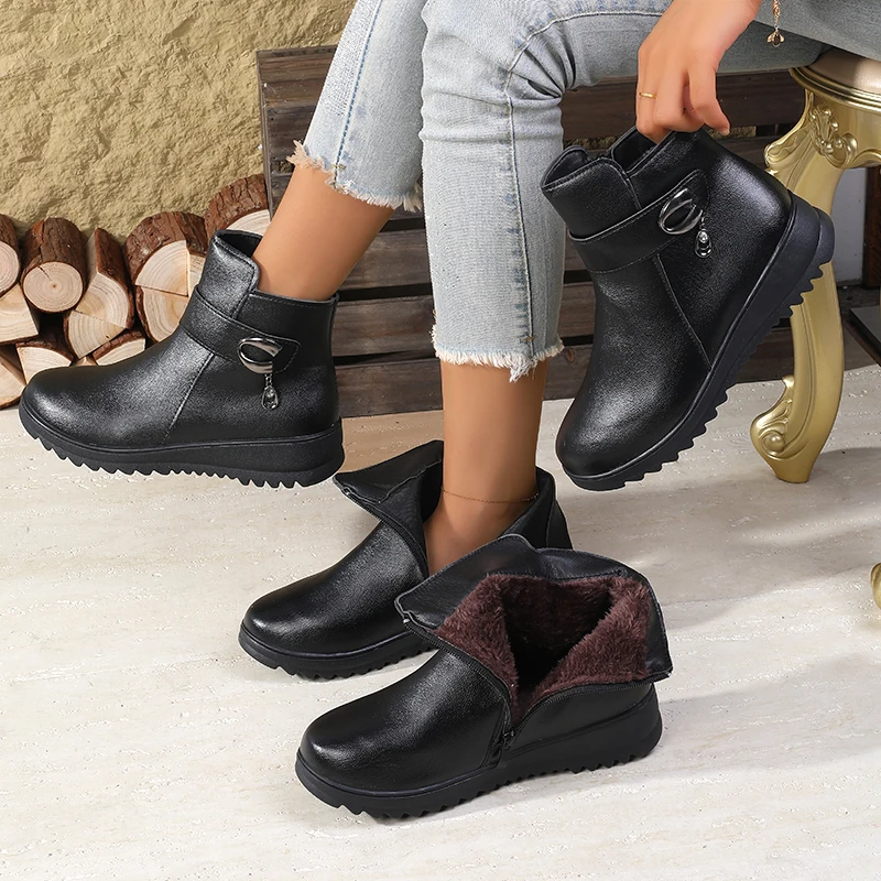 Sepatu Bot Hangat Berlapis Bulu Musim Gugur & Musim Dingin - Sepatu Nenek dengan Ritsleting Samping Anti Selip, Alas Kaki Bergaya Serbaguna untuk Usia Paruh Baya & Lansia