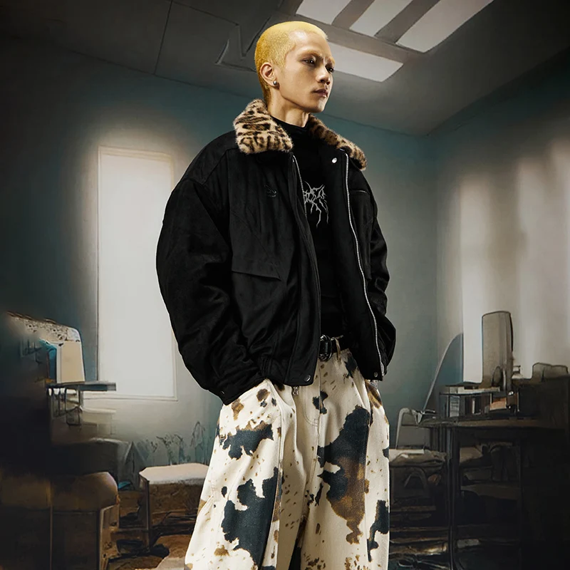 LUZHEN 2026 Winter Fashion Streetwear Original Leopard Print Brushed Neck Padded Coat Men's Warm Thickened Parka Jacket JY9370