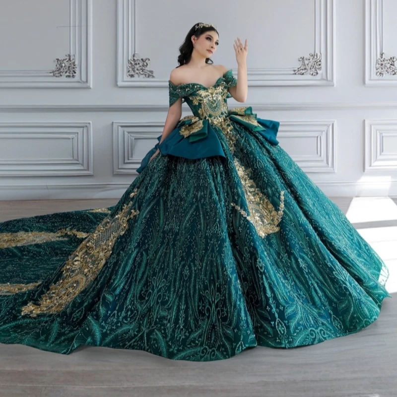 

Dark Green Shiny Quinceanera Dresses Off Shoulder Ball Gown Sweet 16 Dress Gold Applique Lace Beading Crystal Tull Birthday