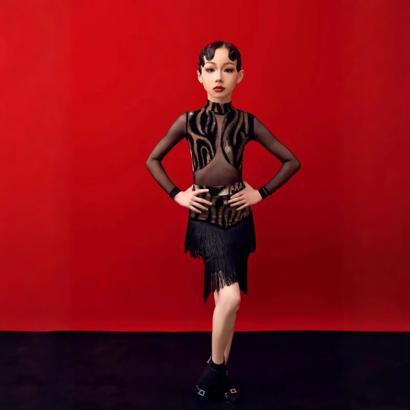 فستان رقص لاتيني مخصص للفتيات، نمط الفهد، ياقة عالية وأكمام طويلة، تنورة مقسمة
