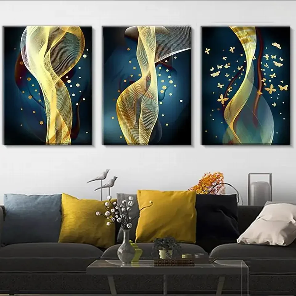 

Diy Mosaic Art Diamond Painting Triptych Abstract Golden Lines Full Rhinestone Embroidery Handmade Kits Wall Decor