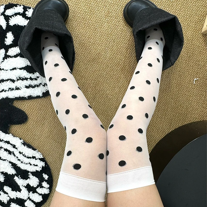 Thin and Sexy Polka Dot Knee-high Socks Women Velvet Tights Lolita Thin Thigh High Stockings K White Long Socks image 5